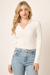 Mittoshop Women's Long Sleeve Ribbed Knit Polo Top - Chic V-Neck Sweater